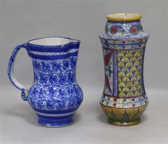 An Italian lustre maiolica vase and a French faience jug